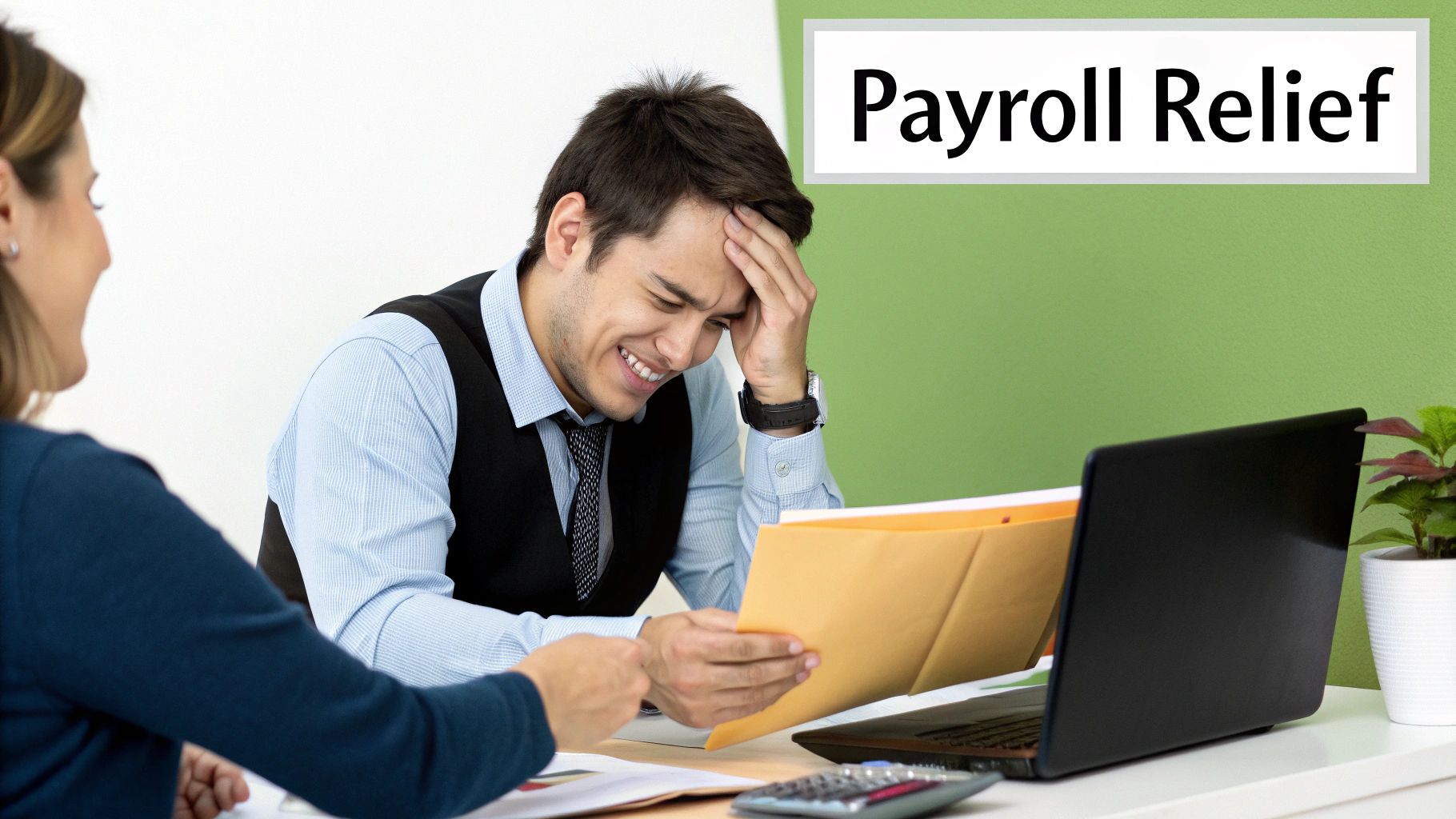Man looking overwhelmed but relieved, discussing payroll documents with a woman under a 'Payroll Relief' sign.