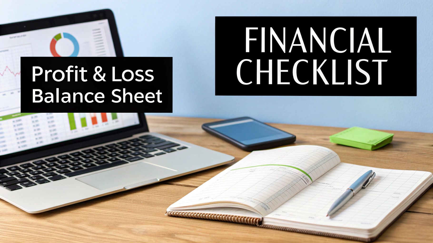 A desk with a laptop displaying financial charts, a smartphone, notebook, and a financial checklist.