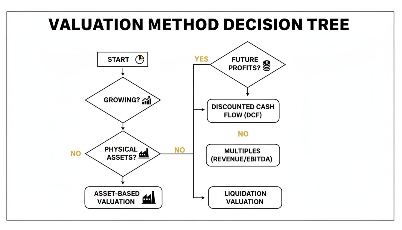 A decision tree flow chart guiding through various business valuation methods based on company attributes.
