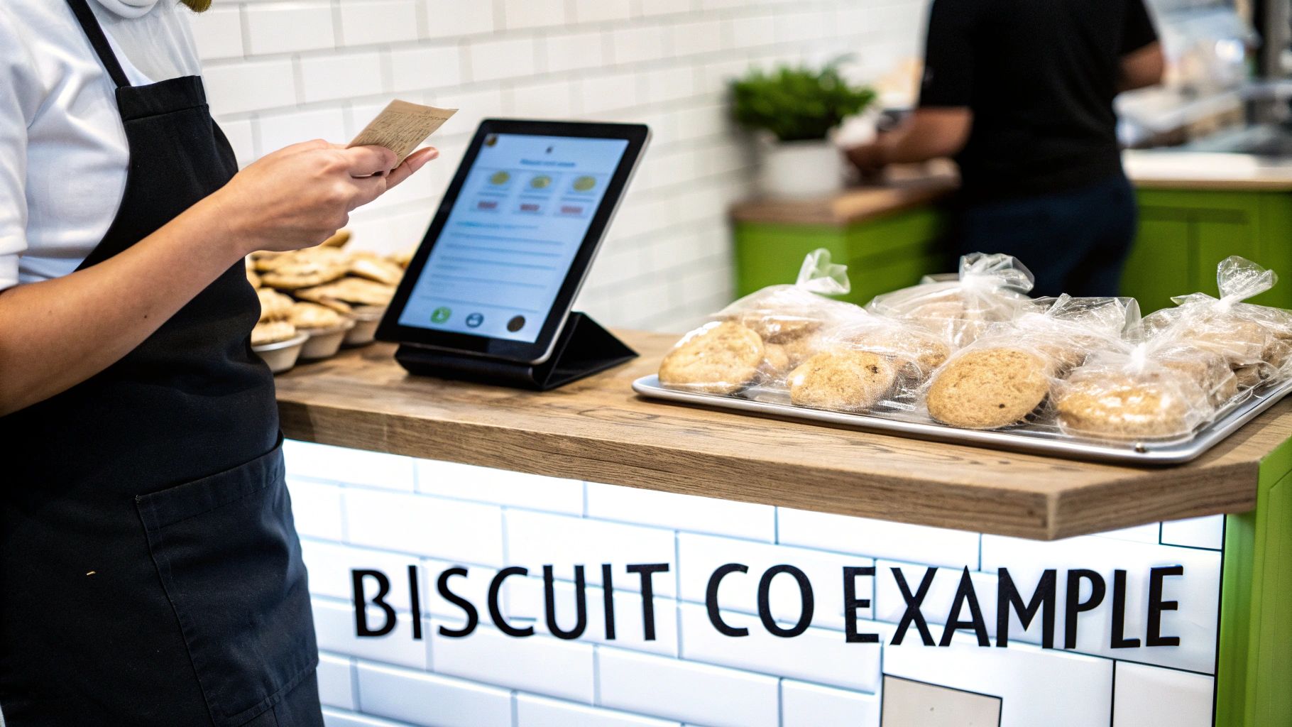 A shop assistant in an apron holds a receipt at a counter with a tablet and packaged biscuits.