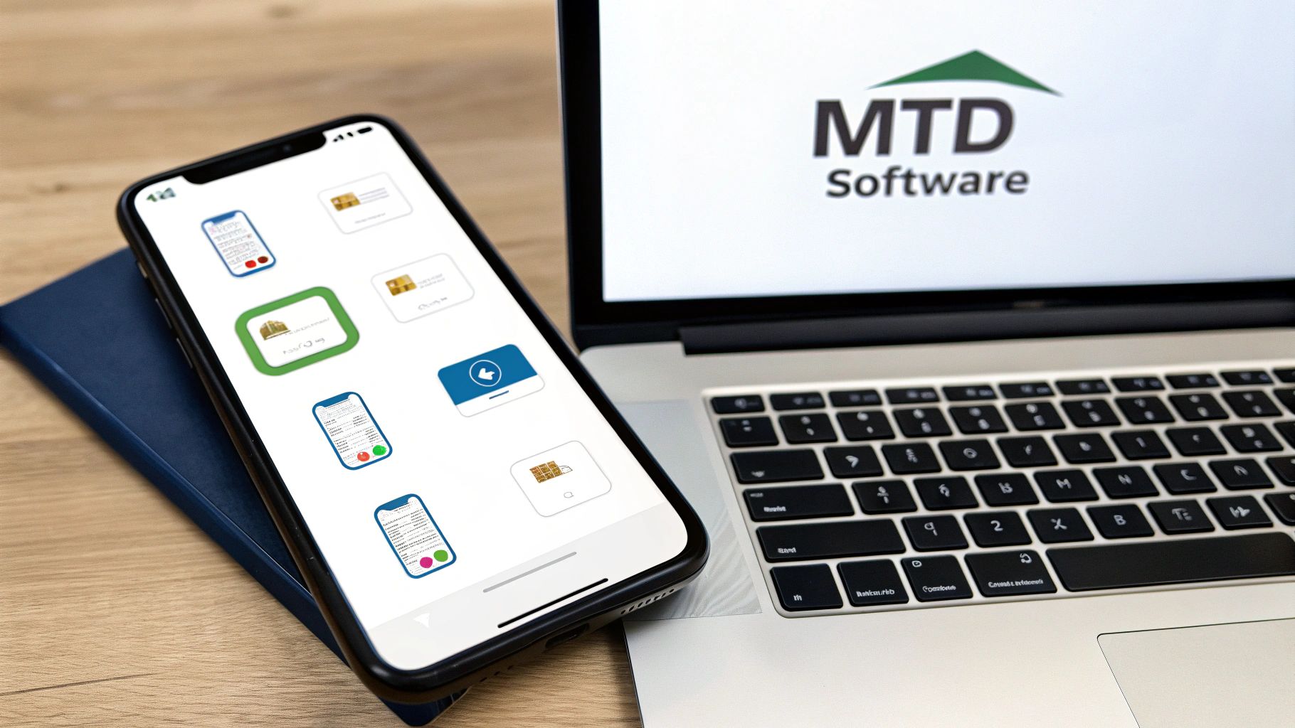 A smartphone showing app icons next to a laptop displaying MTD Software on a wooden desk.