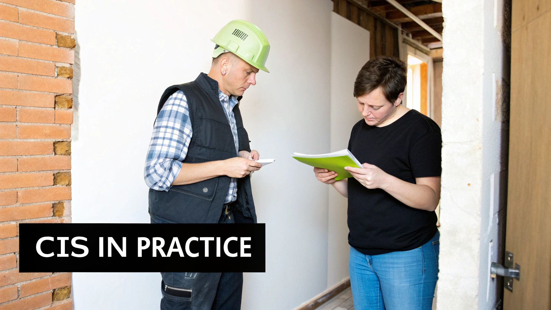 Two construction professionals, a man in a hard hat and a woman, reviewing documents on a building site.