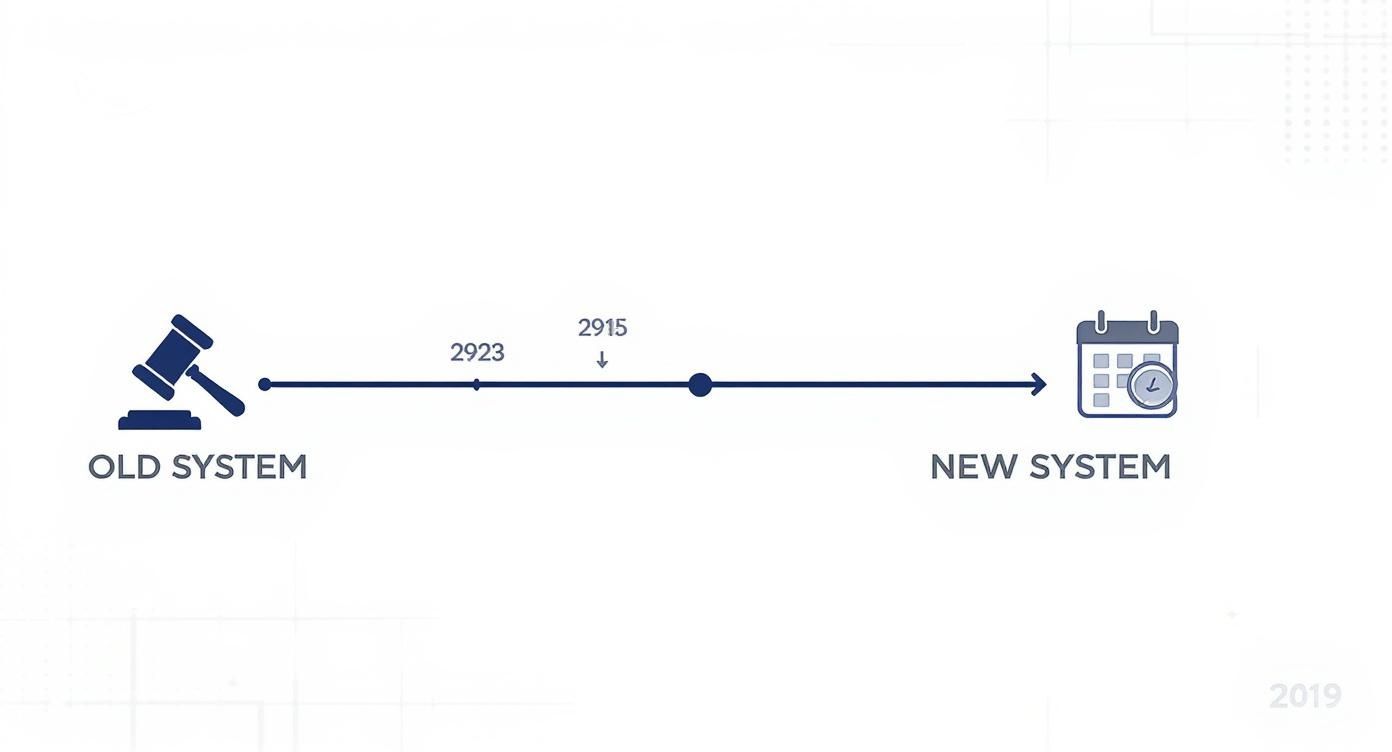 Timeline depicting a shift from an old system (gavel) to a new system (calendar) with milestones 2923 and 2915.
