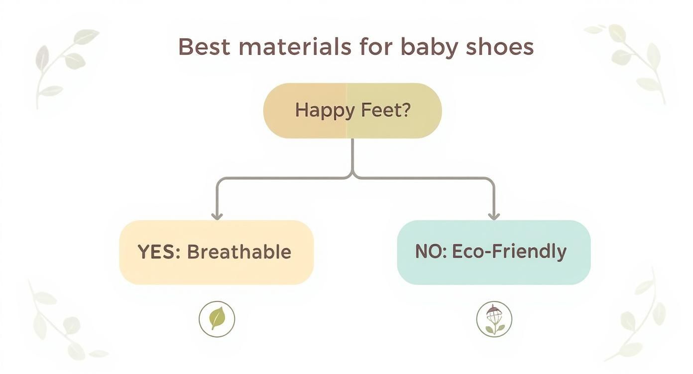 Flowchart on best baby shoe materials: 'Happy Feet?' leads to 'Breathable' or 'Eco-Friendly'.