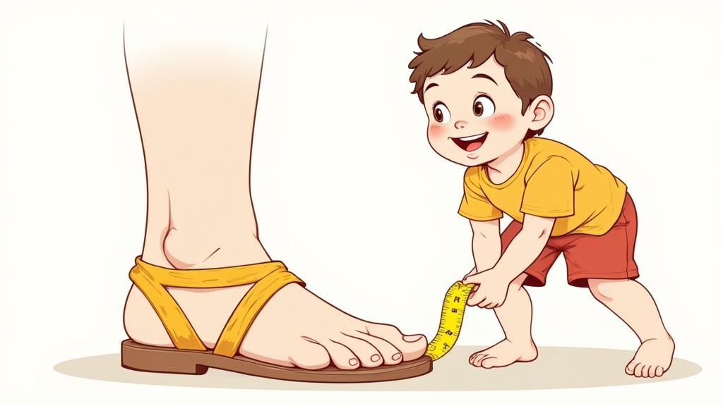 A toddler wearing colorful summer sandals and sitting on a grassy lawn.