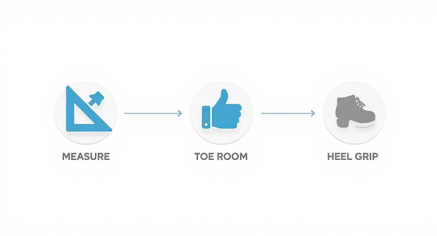 A three-step process: measure, check toe room with a thumbs-up, and ensure good heel grip on a boot.