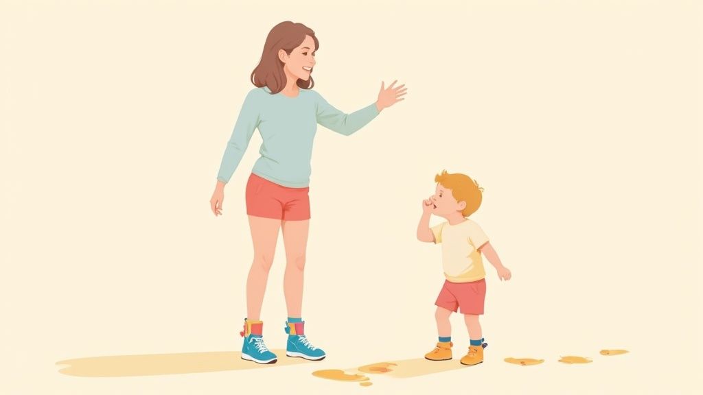 A smiling woman in supportive shoes reaches out to a toddler who has spilled liquid on the floor.