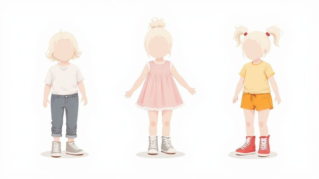 Three toddlers wearing different casual outfits with high top sneakers in various colors