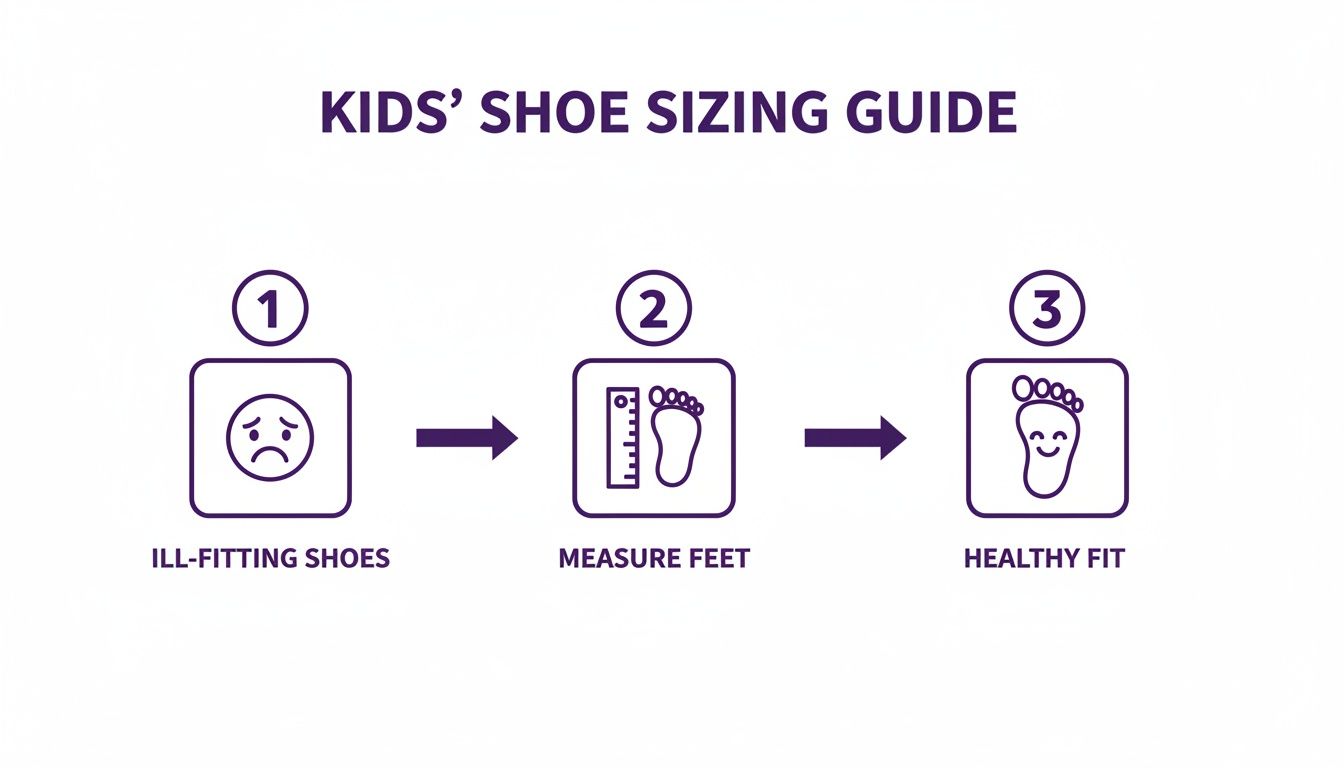 A three-step guide for kids' shoe sizing: from ill-fitting to healthy fit by measuring feet.