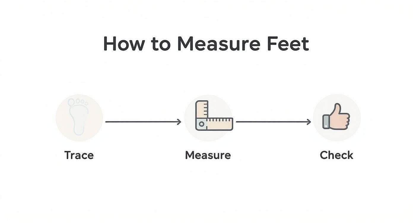 A simple guide illustrating three steps to measure feet: trace, measure, and check.
