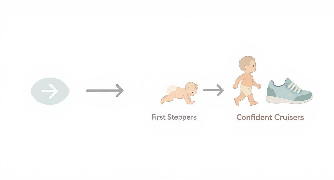 Baby development stages showing progression from crawling to walking with first steppers and confident cruisers illustration