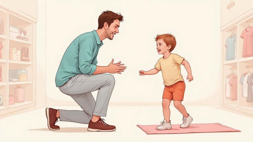 A happy father kneels, smiling at his toddler son taking steps towards him indoors.