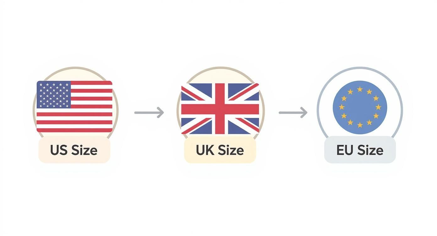 A diagram showing size conversion between US, UK, and EU sizing systems with their flags.