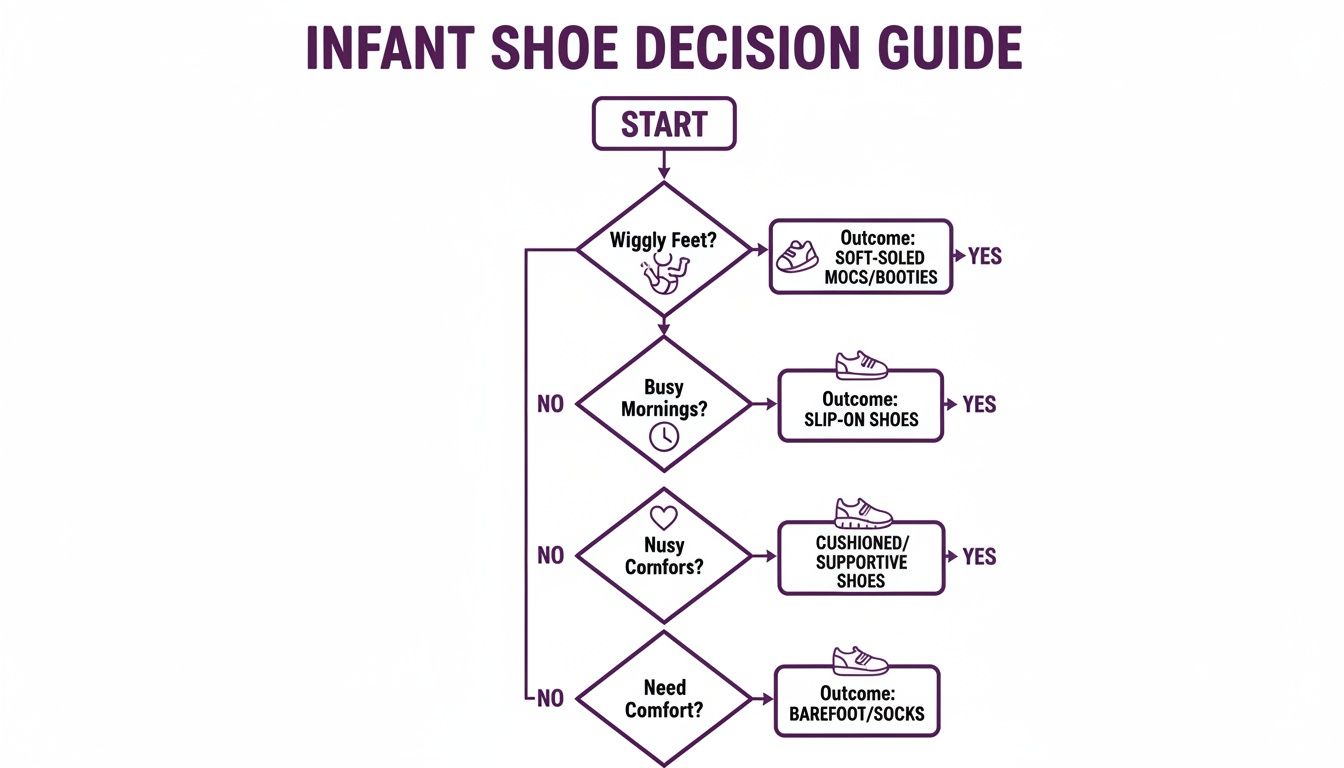 An infant shoe decision guide flow chart helps parents choose shoes based on criteria like wiggly feet or busy mornings.