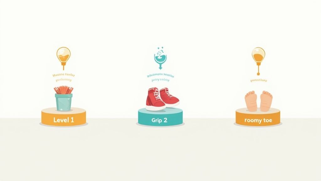 Three pedestals illustrating key features for first walker shoes: cushioning, grip, and roomy toe space.