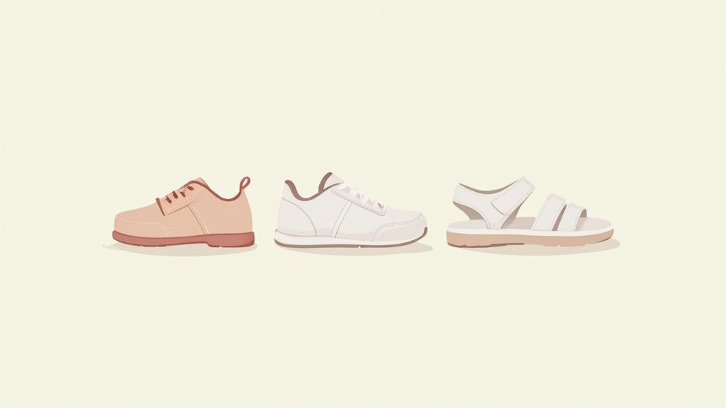 A pair of stylish brown and blue baby walking shoes on a white background.
