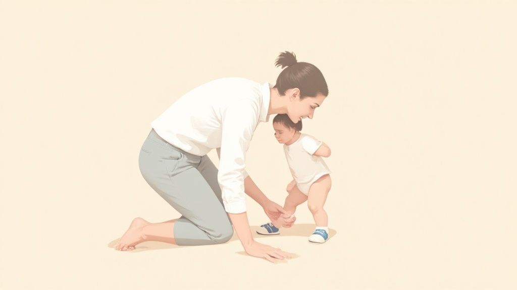 A baby wearing supportive shoes while taking their first steps outdoors.