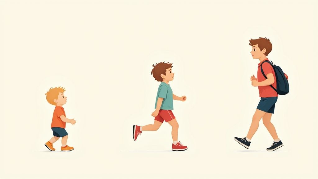 Three boys representing different ages, from toddler to teenager, walking and jogging, symbolizing growth.