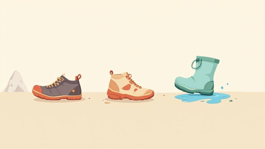 Three types of outdoor footwear: two hiking boots and a blue rain boot in a puddle.
