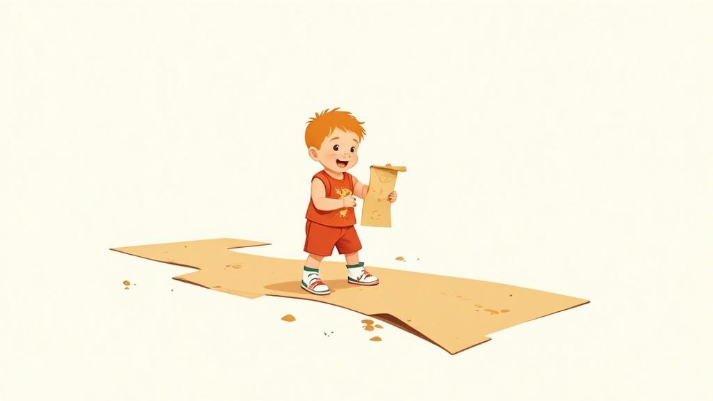 Happy red-haired toddler in orange clothes holds a treasure map on a cardboard road.