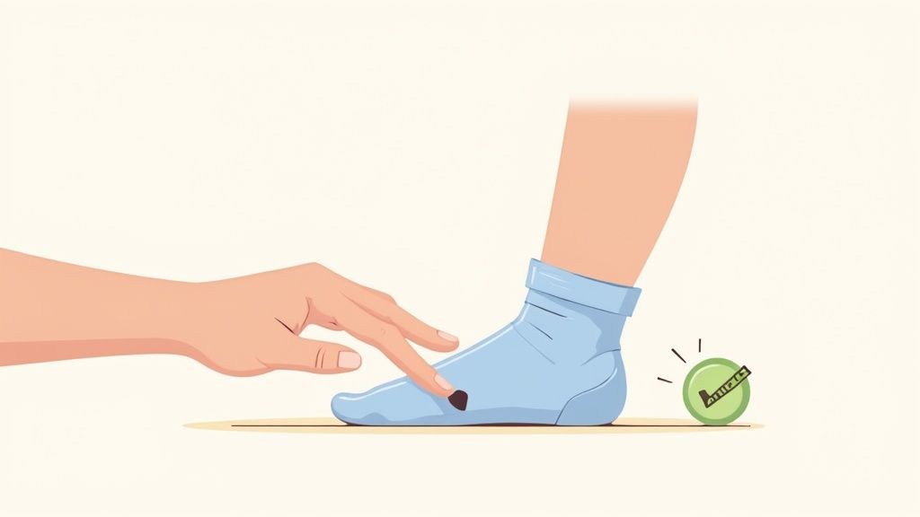 A parent gently measuring an infant's foot for new shoes