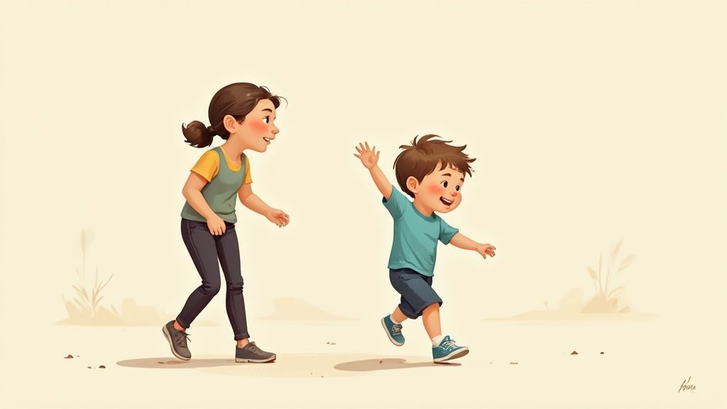 A child running happily in new shoes.
