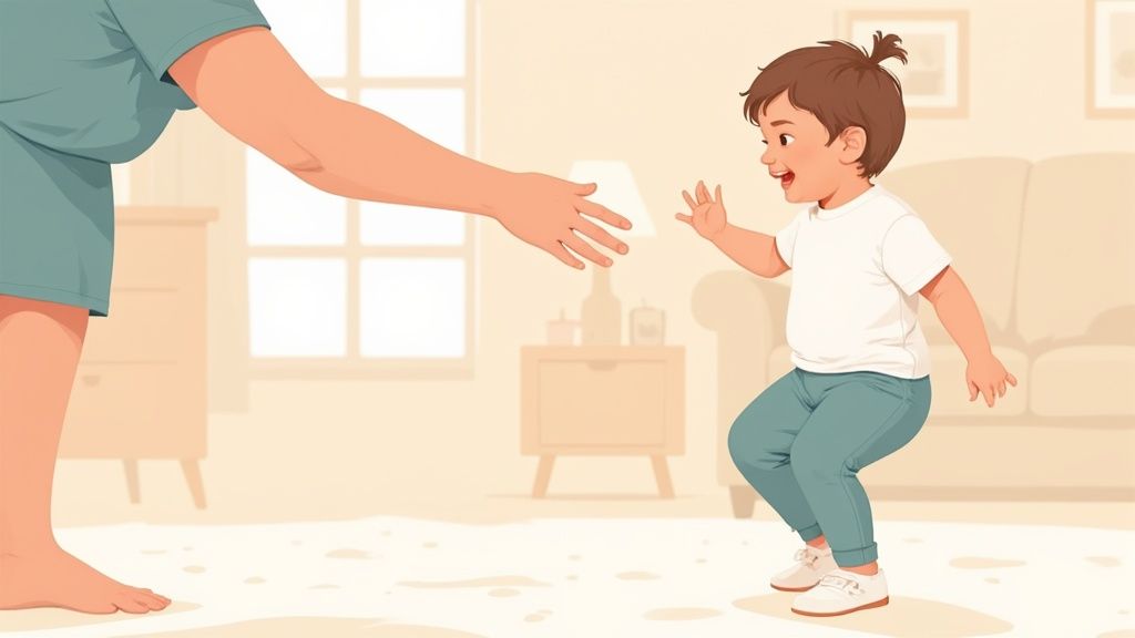 A smiling toddler takes their first steps on a wooden floor, wearing supportive first walker shoes.