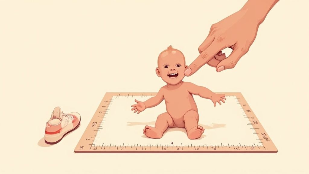 A parent gently measuring a baby's foot with a ruler.