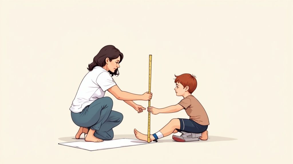 A child's foot with an AFO brace being measured with a measuring tape.
