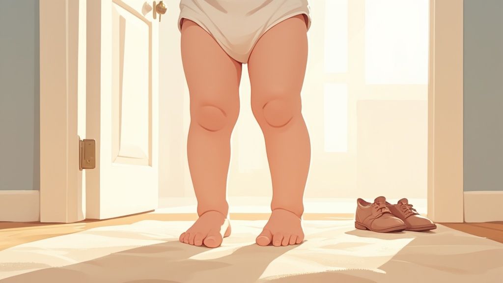 A toddler's bare feet walking on a soft, light-colored rug indoors.