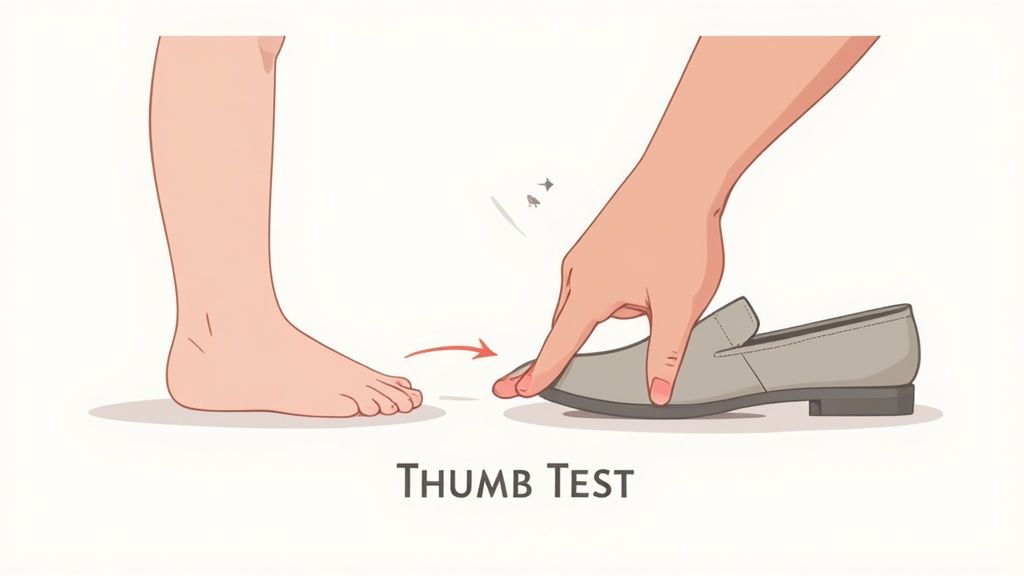 Thumb test demonstration showing hand checking space inside children's shoe for proper fit