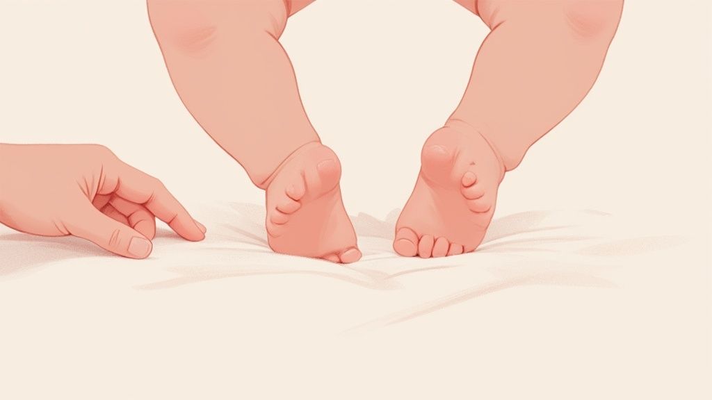 A newborn's bare feet being held gently in a parent's hands.