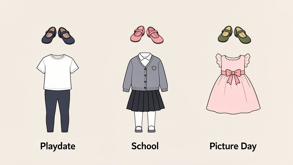 Three children's outfits for different occasions: playdate, school, and picture day, featuring Mary Jane shoes.