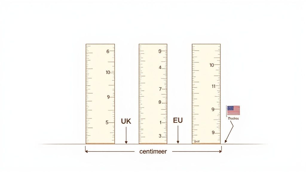 Comparison of UK, EU, and US children's shoe size measurement rulers showing centimeter conversions