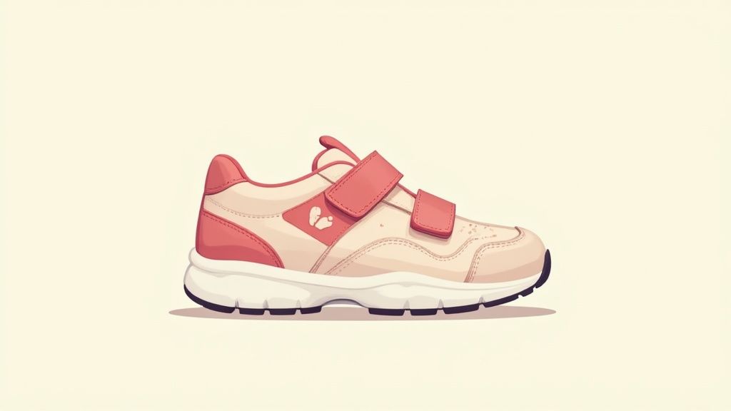A side view of a beige and red children's sneaker with two velcro straps and a white sole.