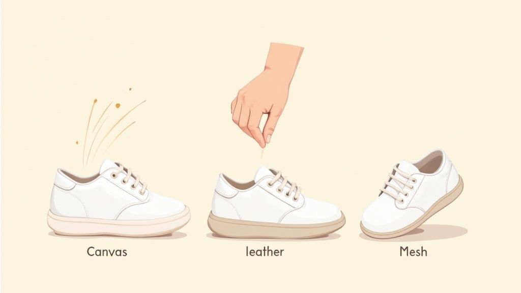 Close-up of a baby's feet in white walking shoes on a wooden floor