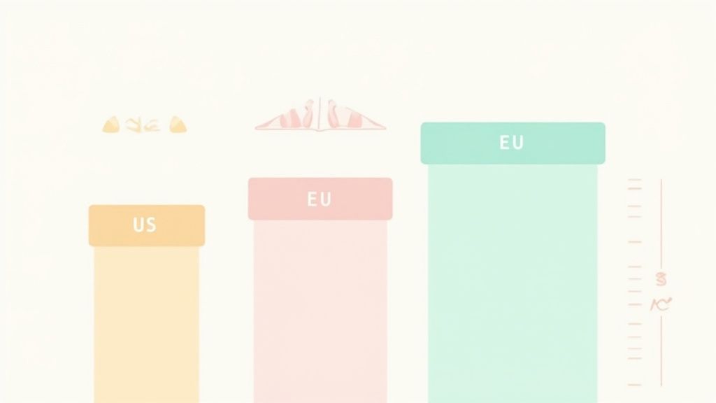 A colorful world map made out of different types of baby shoes, highlighting the US, UK, and Europe.