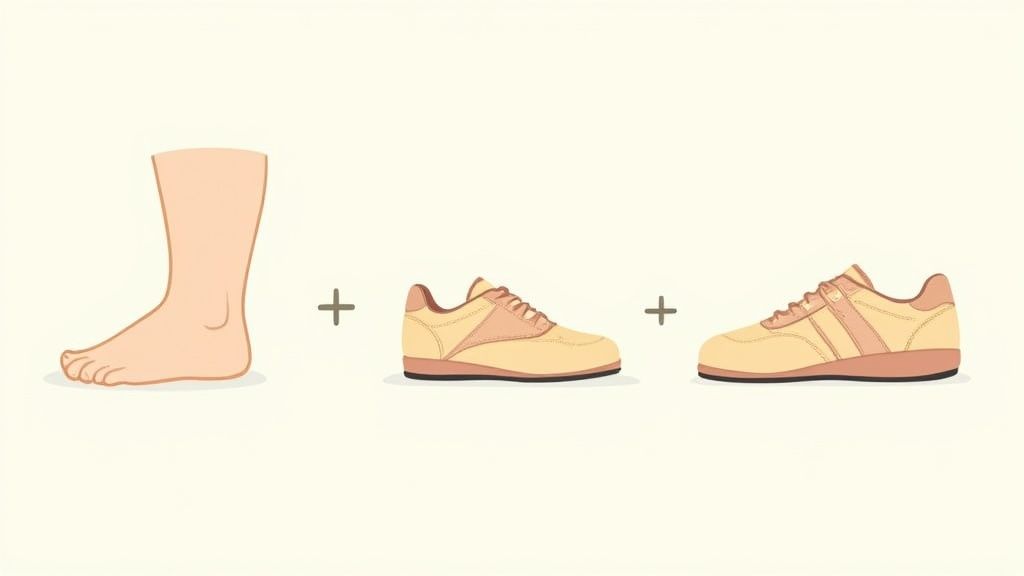 A bare human foot positioned next to two light-colored athletic sneakers, depicting footwear.