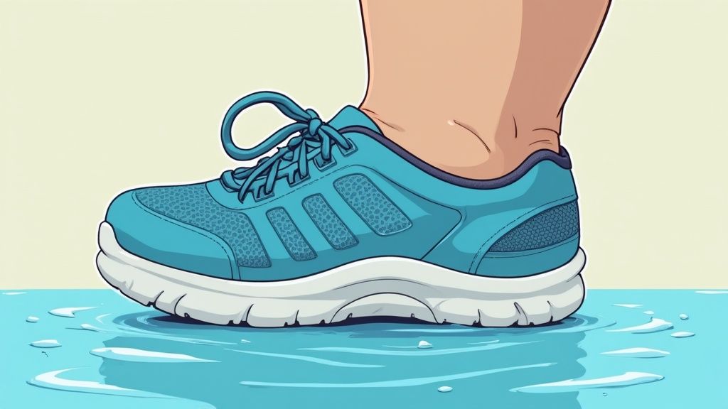 A foot wearing a blue athletic shoe stepping into a puddle of clear water.
