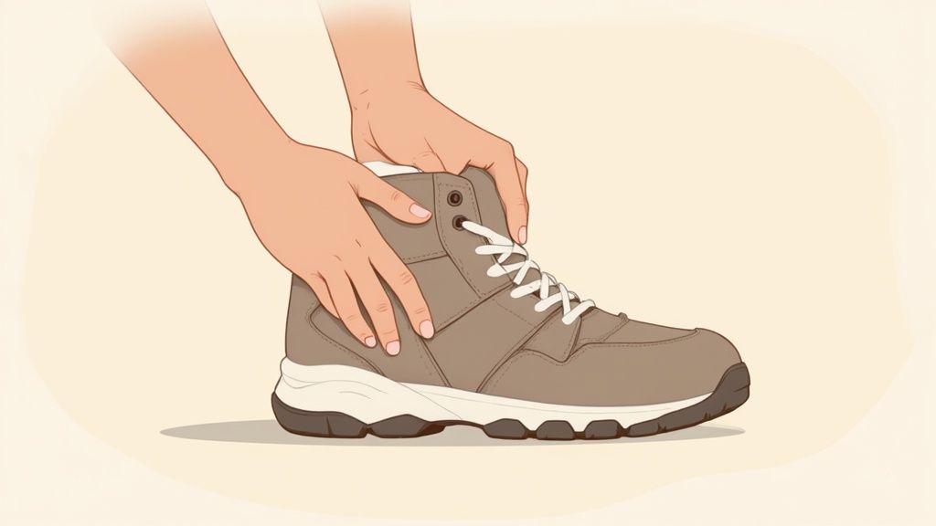 A pair of flexible, soft-soled first walking shoes sitting on a clean, light-colored surface.