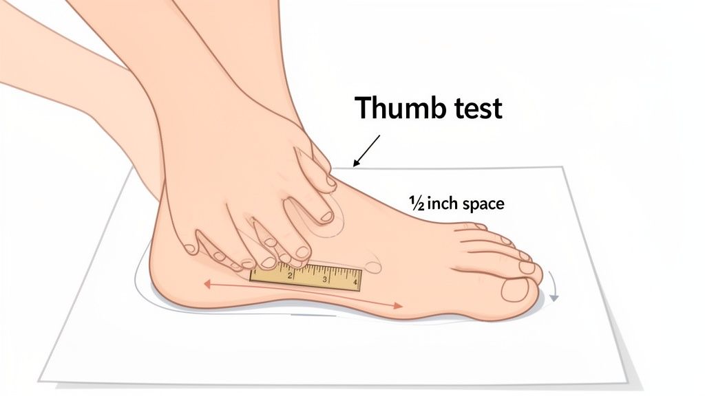 Illustration showing a foot on paper, with hands using a ruler for a 'Thumb test' and '1/2 inch space' measurement.