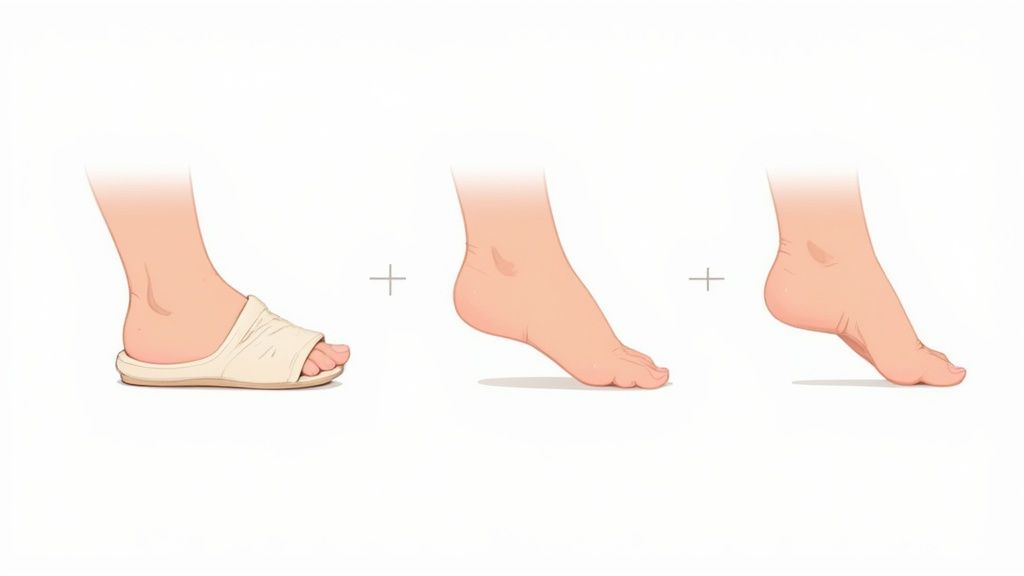 Illustration comparing a foot in a slip-on sandal, a bare flat foot, and a bare tiptoe foot.