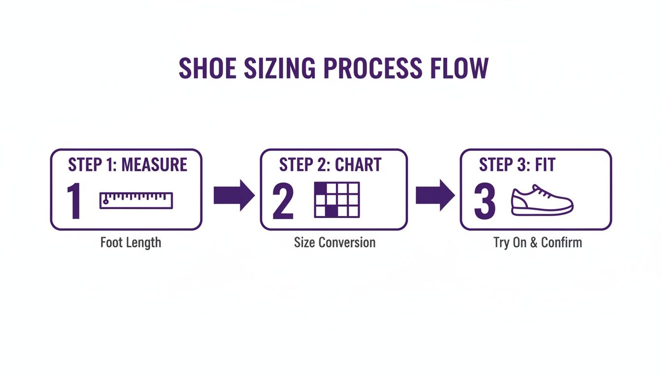 A shoe sizing process flowchart showing three steps: measure foot length, use a size conversion chart, and try on shoes.