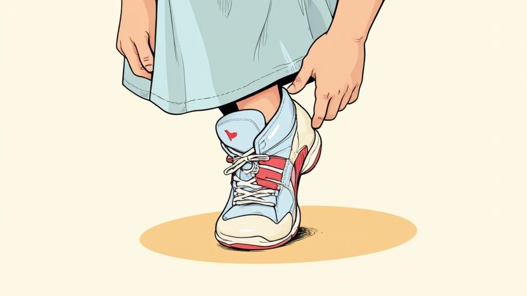 A toddler's foot bending a flexible shoe sole to demonstrate its importance.