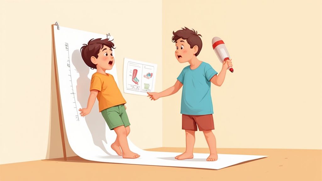 A child's feet being measured with a children's shoe size measurer, showing a parent's hands gently holding the device.