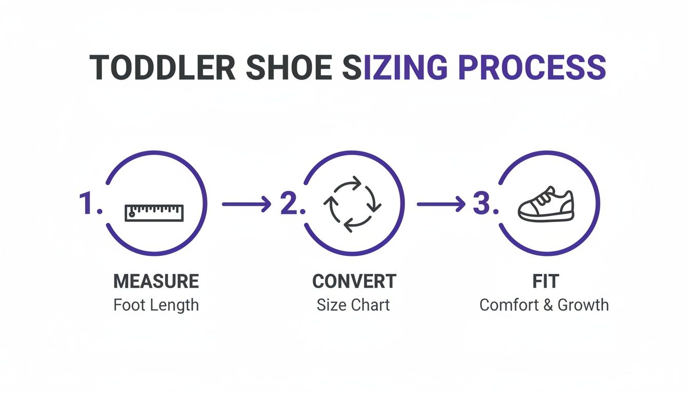 Infographic illustrating the toddler shoe sizing process with steps for measuring, converting, and fitting.