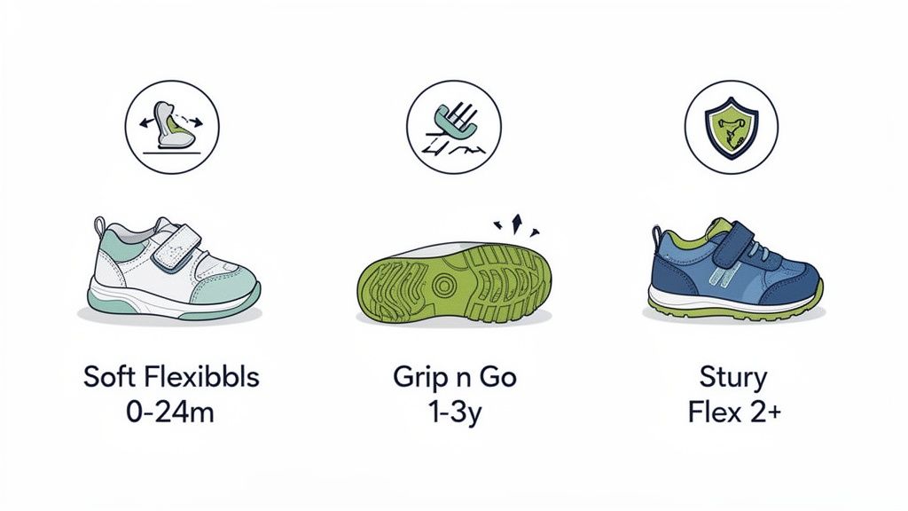 Three illustrations of toddler shoes highlighting soft flexible, grip, and sturdy features for different age ranges.
