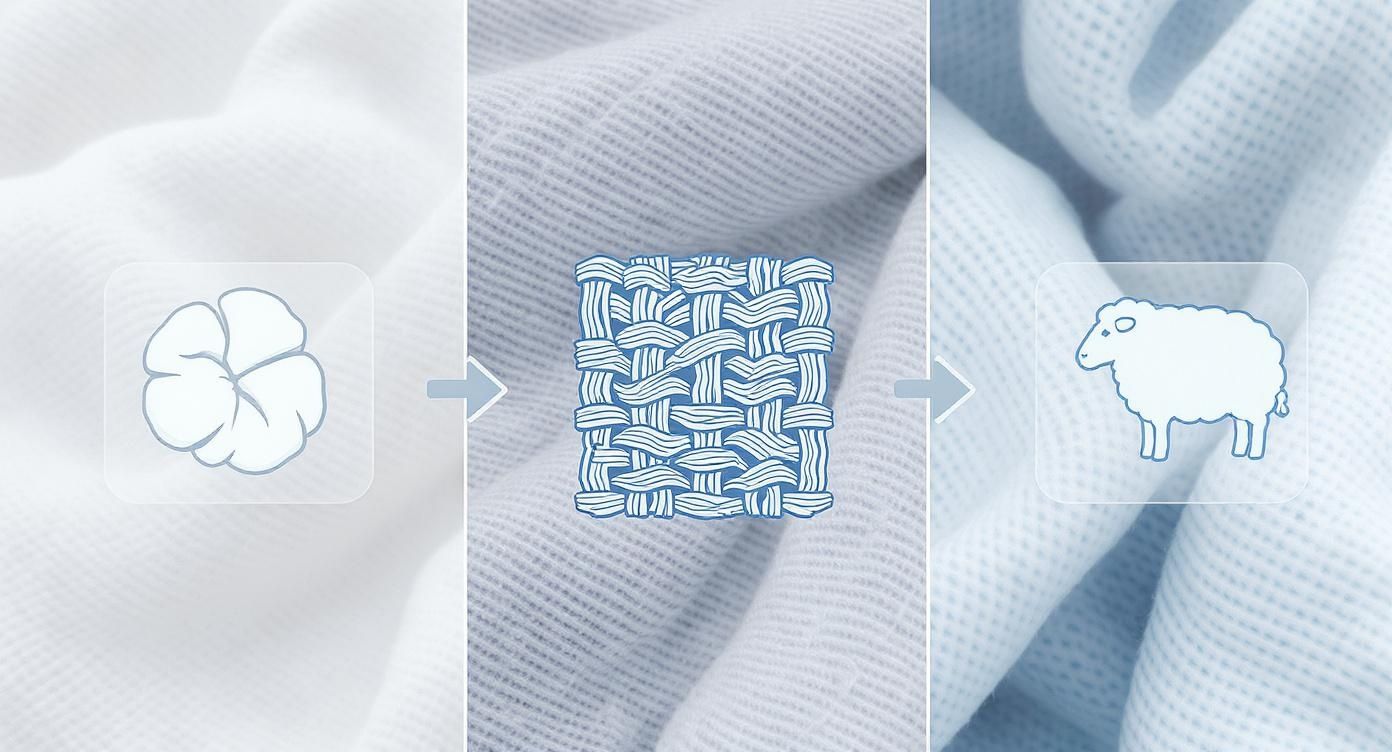 Icons depicting cotton fiber, woven textile pattern, and sheep on soft fabric backgrounds.