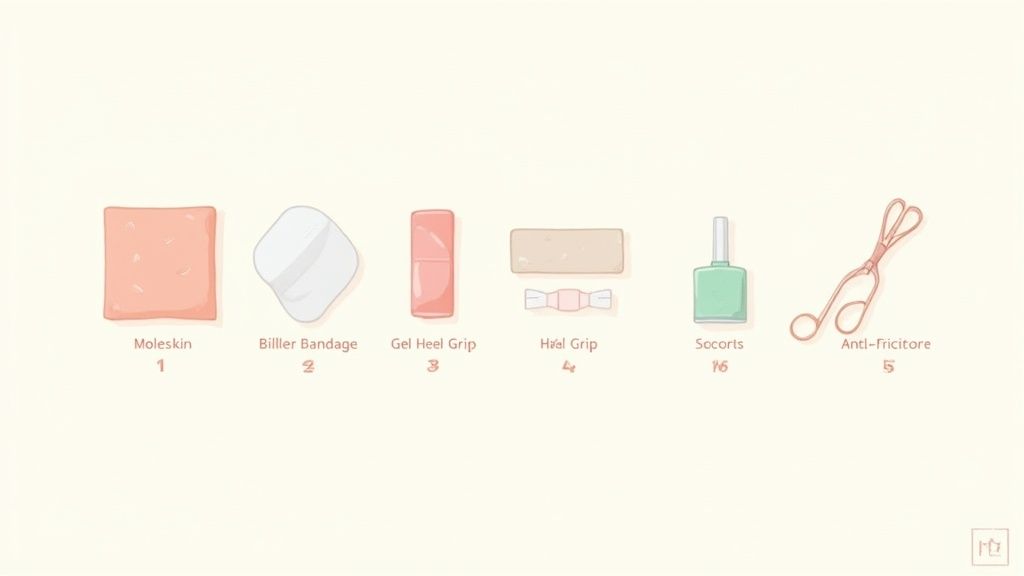 A flat lay displaying products like moleskin, bandages, heel grips, and scissors for blister prevention.