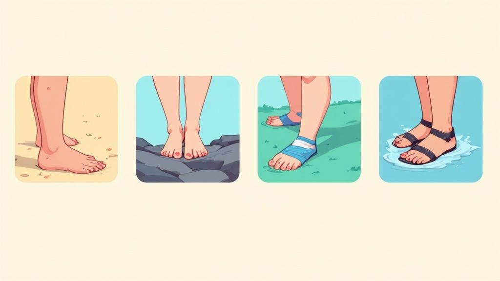 Four panels show different feet: bare on sand and rocks, wrapped on grass, and sandals in water.